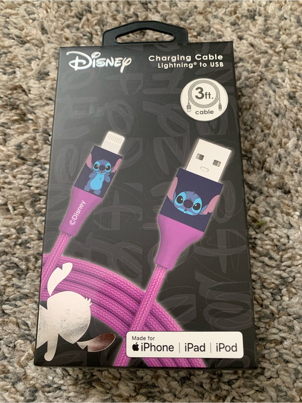 Disney Purple Stitch Lightning to USB 3ft Charging Cable